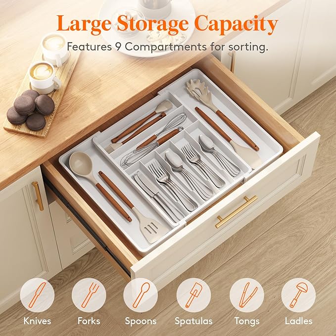 Lifewit Silverware Drawer Organizer, Expandable BPA Free Plastic Utensil Tray for Kitchen, Adjustable Flatware Cutlery Holder for Spoons Forks Knives, 13-22.3 x 16.7", White