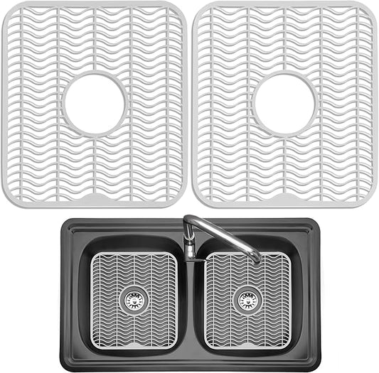 DecorRack 2 Sink Protectors for Kitchen Sink, Plastic 12" x 11" Dish Rack, Protect Sink from Stains, Damage, Scratches, Dishwasher Safe Grid Mat for Kitchen (2 Pack, White)