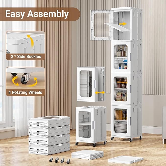 BROVIEW 4-Tier Tall Narrow Storage Cabinet Organizer, Slim Bathroom Cabinets with Adjustable Shelves and Doors, Plastic Kitchen Pantry Organizers and Storages for Small Space, Laundry, White