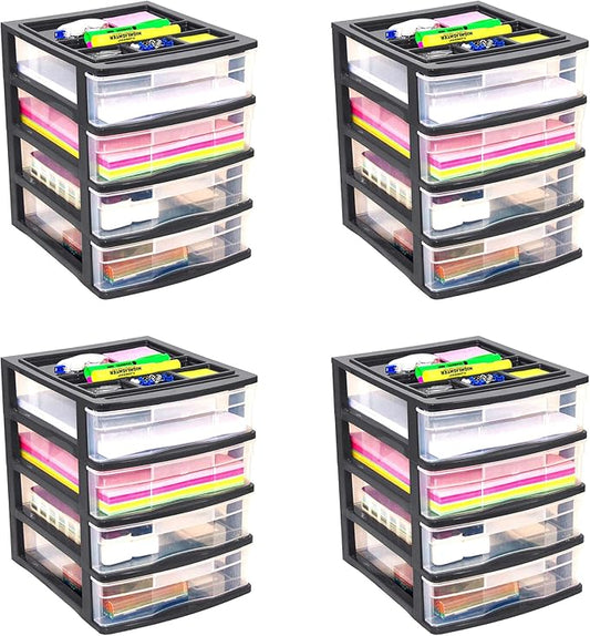 Gracious Living 4 Drawer Desktop & Countertop Organizer w/Organization Lid for Craft Storage, Office Supplies & School Supplies, Black/Clear (4 Pack)