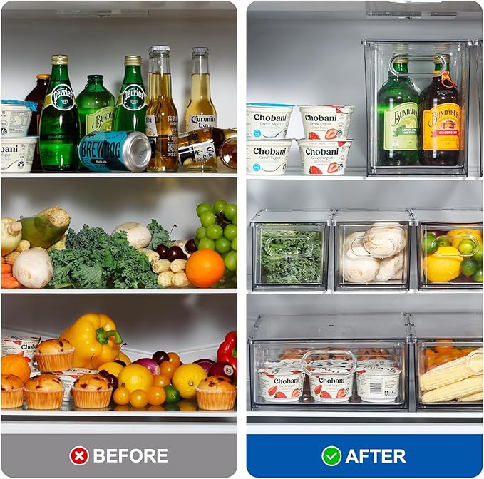 Bronkeeper Fridge Drawer Pull Out Stackable Bins, Clear Refrigerator Stackable Organizers, Fridge Organizer Storage for Kitchen, Pantry, Vegetables, Fruits (2 Tall)