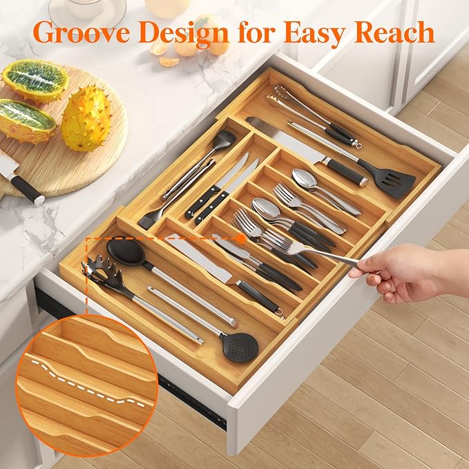 Lifewit Silverware Drawer Organizer, Expandable Utensil Tray for Kitchen, Bamboo Flatware and Cutlery Holder, Wood Adjustable Storage for Spoons Forks Knives, 17- 28 x 18.5", Natural