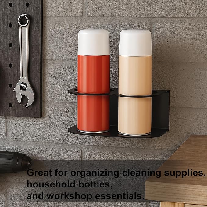 2 Pack Spray Bottle Holder Wall Mount, Heavy Duty Metal Spray Can Holder Rack Organizer with Double Holes, Multi-Purpose Bottle Storage Shelf with Hardware for Garage, Home, Workspace