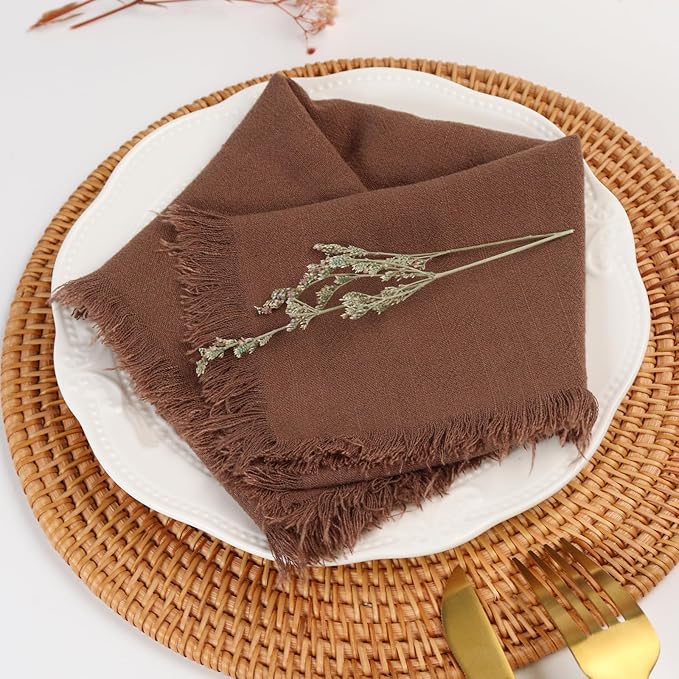 Handmade Cloth Napkins with Fringe,18 x 18 Inches Cotton Linen Napkins Set of 4 Versatile Handmade Square Rustic Fringe Napkins for Dinner, Wedding and Parties, Chocolate