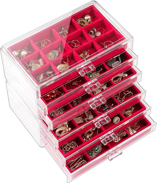 Lolalet Earring Holder Organizer Box Jewelry Storage with 6 Drawers, Clear Acrylic Stackable Earring Case with Adjustable Velvet Trays for Women on Dresser Vanity -Red, 6 Layers