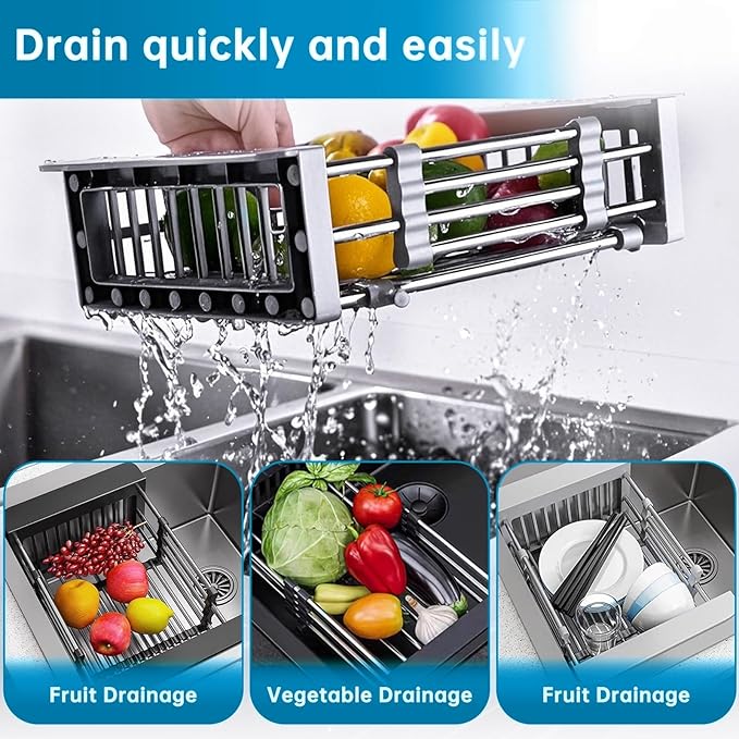 Over The Sink Dish Drying Rack, Stainless Steel Expandable Telescopic Drain Basket with Adjustable Arms - Functional Kitchen Sink Organizer for Dishes, Vegetables & Fruits (Large, Grey)