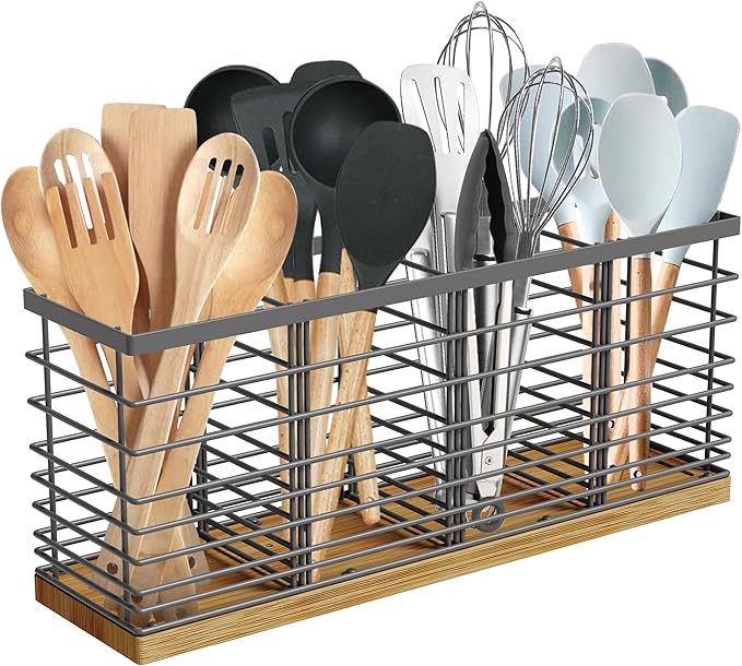 Suli Extra Large Kitchen Utensil Holder with 4 Compartments，Grey Metal holder with Wooden Base for Kitchen Countertop，Farmhouse Cooking Utensil Storage, Rustic Cooking Utensil