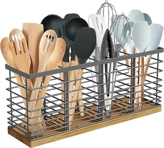 Suli Extra Large Kitchen Utensil Holder with 4 Compartments，Grey Metal holder with Wooden Base for Kitchen Countertop，Farmhouse Cooking Utensil Storage, Rustic Cooking Utensil