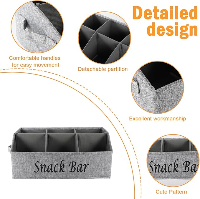 Snack Organizer for Countertop, Fabric Snack Container with Handles, 6 Compartment Snack Box Bin Snack Basket, Snack Bar Station Decor, Kitchen Cabinet Pantry Organizer and Storage