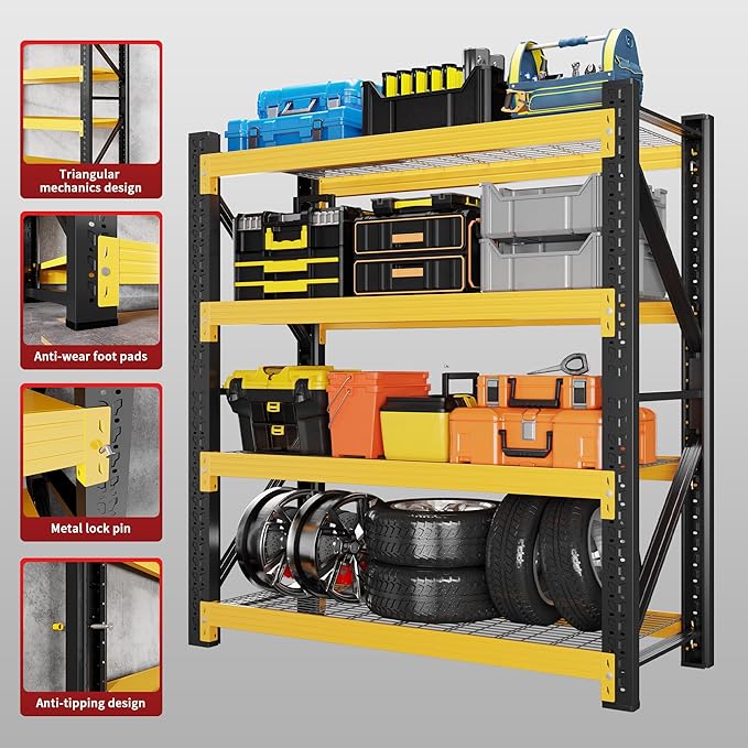 3000LBS Garage Shelving 59" W Garage Shelving Heavy Duty 4-Tier Metal Storage Shelves Adjustable Shelf Unit Grid Storage Rack for Basement Supermarket Warehouse 59" W x 24" D x 78" H Yellow
