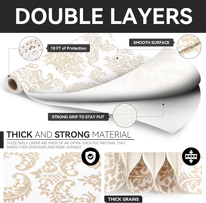 RAY STAR Shelf Liners for Kitchen Cabinets Non-Adhesive, 12 Inch x 10 Feet Trimmable White Vanity Liner Non Slip Cabinet Liner Waterproof Cupboard Pantry Gold Damask Pattern (3 Pack)