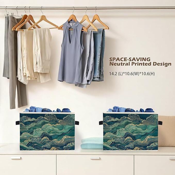 Abstract Waves Japanese Storage Box Bins, Blue and Green Oriental Japandi Collapsible Storage Basket Organizer for Bedroom Laundry Room Home Clothes Toys Books, Toybox for Kids