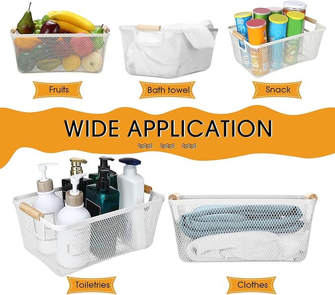4 Pcs Metal Wire Basket with Wooden Handles Mesh Steel Storage Organizer Bin Containers for Home Organizing Cabinet Pantry Closet Kitchen Fridge Fruit Makeup Snacks Gifts(Medium,Cream White)