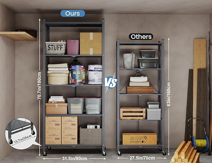 ALANNG 70.7" H Metal Storage Shelves, 5 Tier Folding Storage Shelves on Wheels, Heavy Duty Collapsible Shelving Unit, No Assembly Storage Rack for Kitchen, Basement, Pantry (Grey,1 Pack)