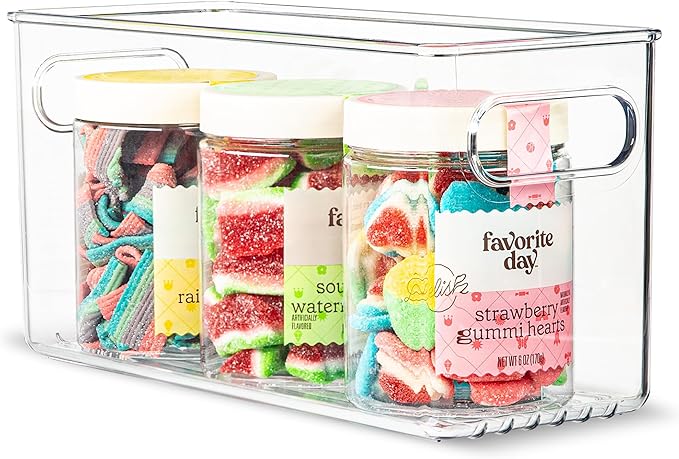 primebox Plastic Food Storage Clear Container Bin with Handles for Organizing Kitchen, Pantry, Refrigerator, Freezer, Pantry, Cabinet, Closet, Bathroom. 10”x4”x5”