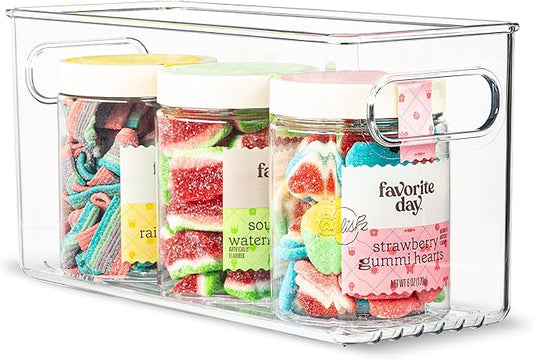 primebox Plastic Food Storage Clear Container Bin with Handles for Organizing Kitchen, Pantry, Refrigerator, Freezer, Pantry, Cabinet, Closet, Bathroom. 10”x4”x5”