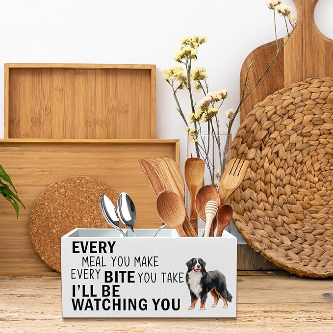Bernese Mountain Dog Kitchen Utensil Holder for Countertop, Dog Decorative Lover Gifts, Funny Every Meal You Make Every Bite You Take Wooden Utensil Holder Organizer for Kitchen Table Decor