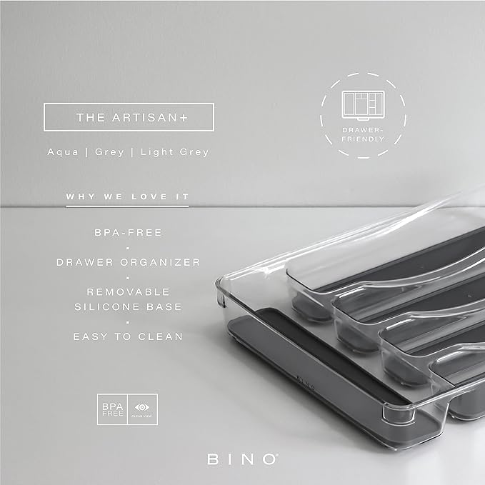 BINO 5-Slot Silverware Organizer for Drawer | Plastic Utensil Organizer for Kitchen Drawers | Silverware Tray for Drawer Organization | Utensil Kitchen Drawer Organizer w/Grip Lining (Grey)