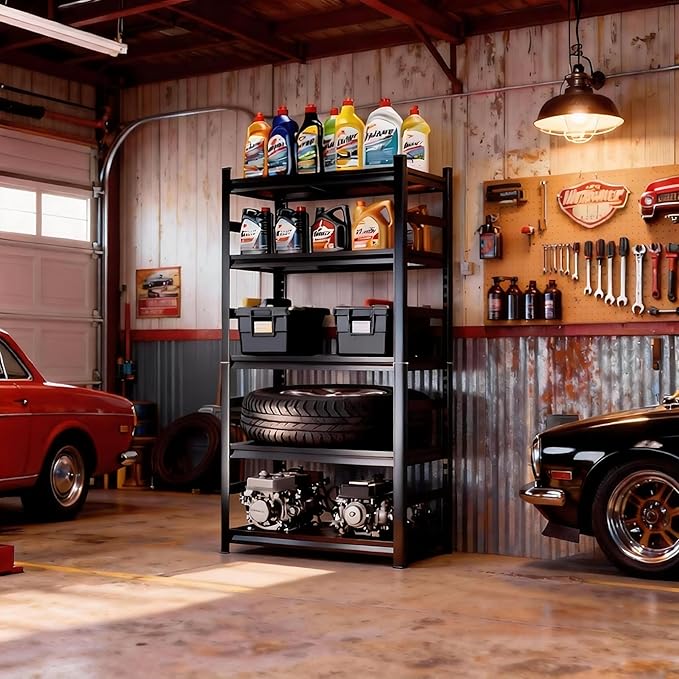 Adjustable Heavy Duty Metal Garage Shelving Unit with Fence, 5-Tier Storage Rack for Garage, Basement, or Warehouse, Durable Steel Shelves for Tools & Equipment, 63" H x 32" W x 16" D, Black