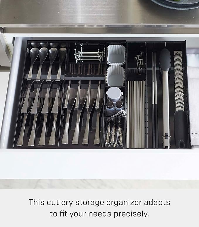 YAMAZAKI Home Tower Expandable Cutlery Kitchen Angled Utensils Storage Silverware Organizer Compact Drawer Insert Tray - Abs Plastic