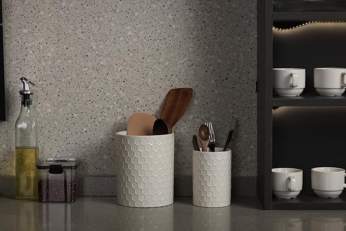 Docrin Ceramic Kitchen Utensil Holder 2 Pack - 6.8"+5.1" Inch Countertop Storage Organizer, Non-Slip Base, Easy to Clean, Elegant White Ceramic Crocks for Spatulas, Spoons, Ladles & Cooking Gadgets