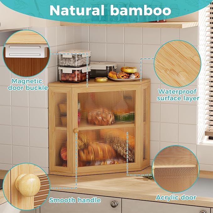 BEWISHOME Bread Box for Kitchen Countertop,Double Layer Bamboo Wood Large Capacity Bread Storage Bin, Bread box with Acrylic Wavy Door Panel(Meduim)