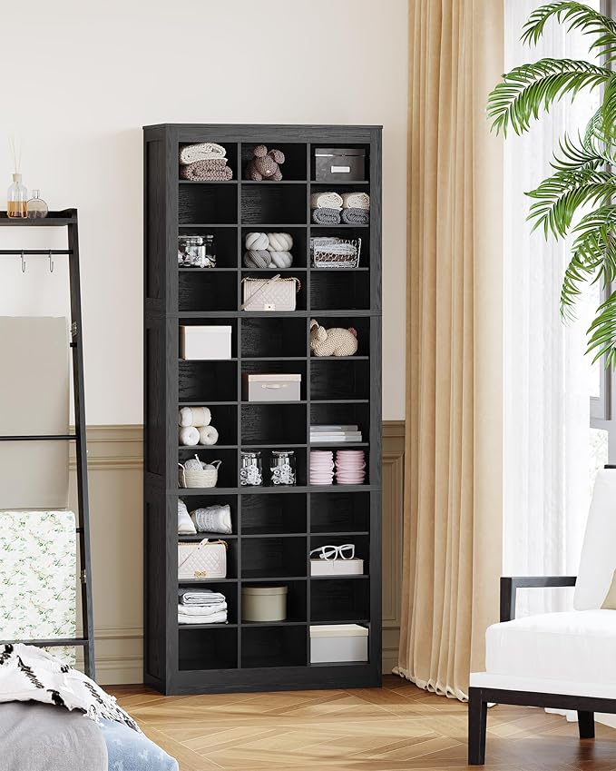 Shoe Storage Cabinet, 36 Pairs Free Standing Closet Organizer, 9 inch Widened Cell Wood Shoe Organizer, 12 Tiers Vertical Space Saving Shoe Rack for Entryway, Cloakroom, Black SR20704X