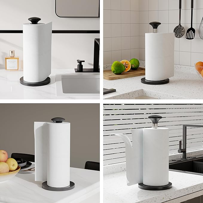 Paper Towel Holder Countertop, Standing Paper Towel Dispenser with Weighted Base, Stainless Steel Paper Towel Holder for Kitchen, One-Handed Operation(Matte Black)
