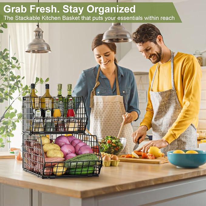 2-Tier Stackable Potato and Onion Storage Bin, Vegetable Storage Bins - Wire Baskets for Pantry Organization, Ventilated Baskets for Kitchen Countertop Hold Fruit, Produce, Snack, Can & Bread