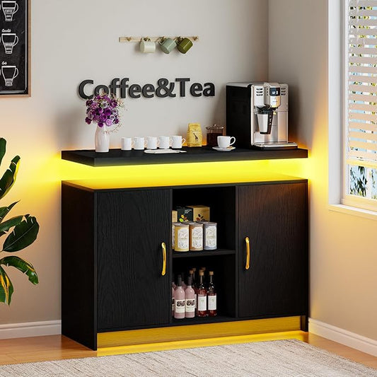 4 EVER WINNER Coffee Bar Cabinet with LED, Sideboard Buffet Cabinet with Storage, Coffee Station Cabinet with Charging Station, Black Coffee Bar for Kitchen, Dining Room
