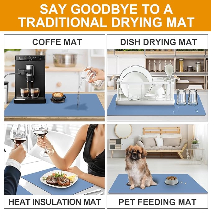 Dish Drying Mat & Coffee Mat for Kitchen Counter, Absorbent Microfiber Waterproof Mat with Non-Slip Backing, Multi-Size Multi-Color Options, Sink and Coffee Bar Accessories