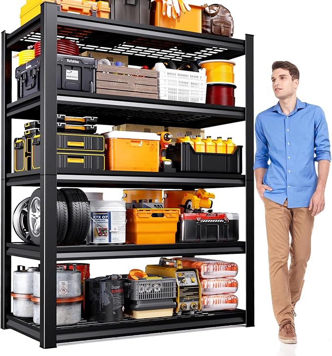 71" H Garage Shelving 5-Tier Heavy Duty Storage Shelves, Tool-Free Adjustable Metal Shelf Unit, Utility Organizer Rack for Basement, Pantry, Kitchen, Warehouse, 15.7" Dx35.4 Wx71 H, Black