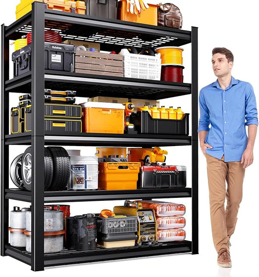 71" H Garage Shelving 5-Tier Heavy Duty Storage Shelves, Tool-Free Adjustable Metal Shelf Unit, Utility Organizer Rack for Basement, Pantry, Kitchen, Warehouse, 15.7" Dx35.4 Wx71 H, Black
