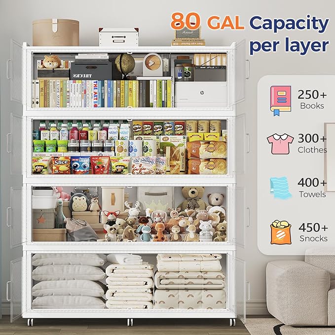 Fangtueh 240 Gallon Extra Large Collapsible Storage Bin with Lid, 960QT Stackable Plastic Organizer with 6x Wheels, Foldable Drawer Cabinet for Closet, Living Room Office, Kitchen 3Pack, White