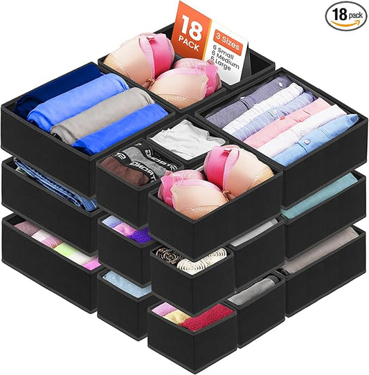 RFAQK 18 Pack Drawer Organizer Clothes-3 Sizes (L, M, S) Baby Dresser Organizer for Storage Closet-Foldable Fabric Baby Clothes Organizer for Bedroom, Bins, Bra, Socks, Belt, Tie-Black