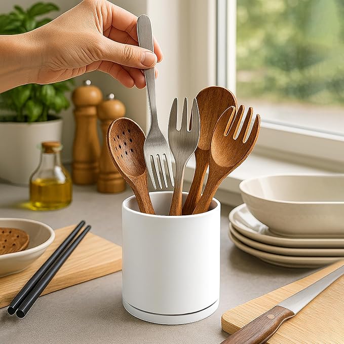 D'vine Dev 360° Rotating Utensil Holder – 5" Kitchen Utensil Crock for Countertop, Modern Cooking Tool Organizer for Kitchen Storage & Décor, Set of 2, White, 72-Y-A-1