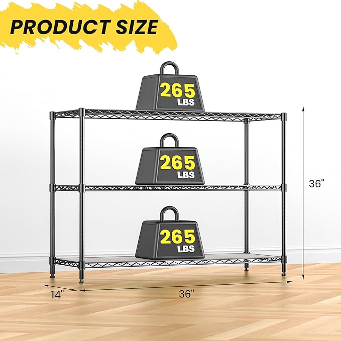 795LBS 3-Shelf Adjustable Storage Shelves 36" W x 14" D x 36" H Metal Shelving Unit Heavy Duty Wire Rack Small Organizer with 3 Shelf Liners for Kitchen Pantry Bathroom Closet Garage Black
