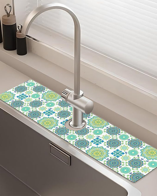 Patterned Sink Faucet Mat Kitchen Splash Guard Super Absorbent Drying Mat, Non-Slip Drain Pad for Kitchen Counter or Bathroom-24x5.5in