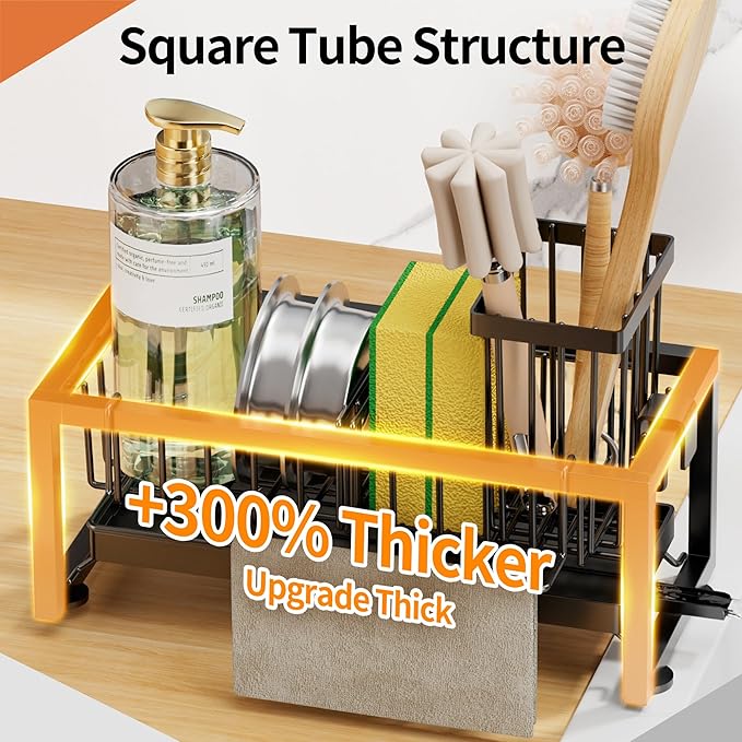 Sponge Holder for Kitchen Sink, Upgrade Thick Sink Caddy with Removable Drip Tray, High Brush Holder & Towel Bar for Countertop Dish Soap Dispenser Storage Accessories, Black