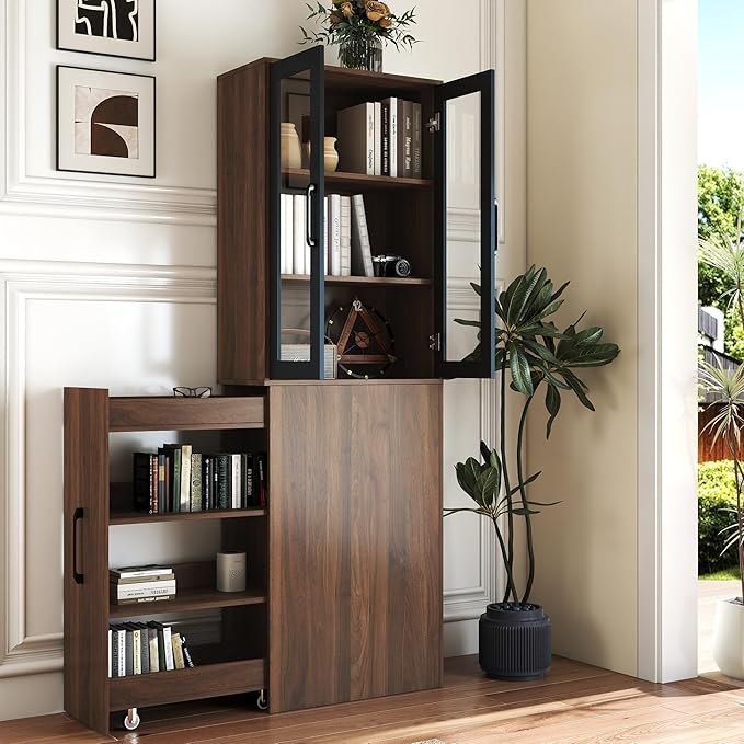Walnut Tall Storage Cabinet with Glass Doors and Rolling Cart, 71” Wooden Pantry Cabinet with 4-Tier Pull-Out Shelf, Modern Display Bookcase for Kitchen, Bathroom, Study, Living Room