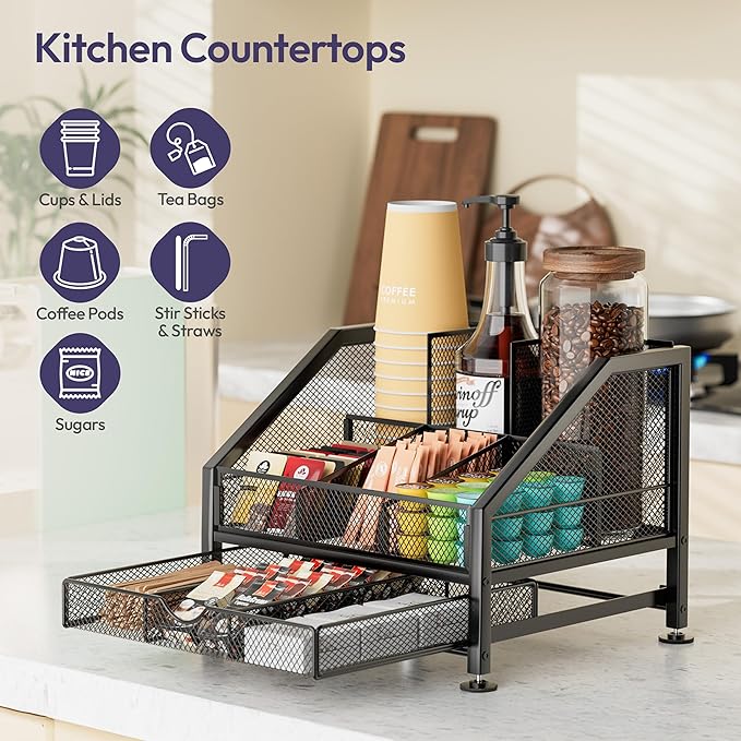 SWTYMIKI Coffee Bar Organizer for Countertop – Space-Saving Kcup Organizer with Drawer and Tiered Shelves, Countertop Coffee Station for Pods, Sugar, Syrup, Cups, Stirrers, Mesh Condiment Storage