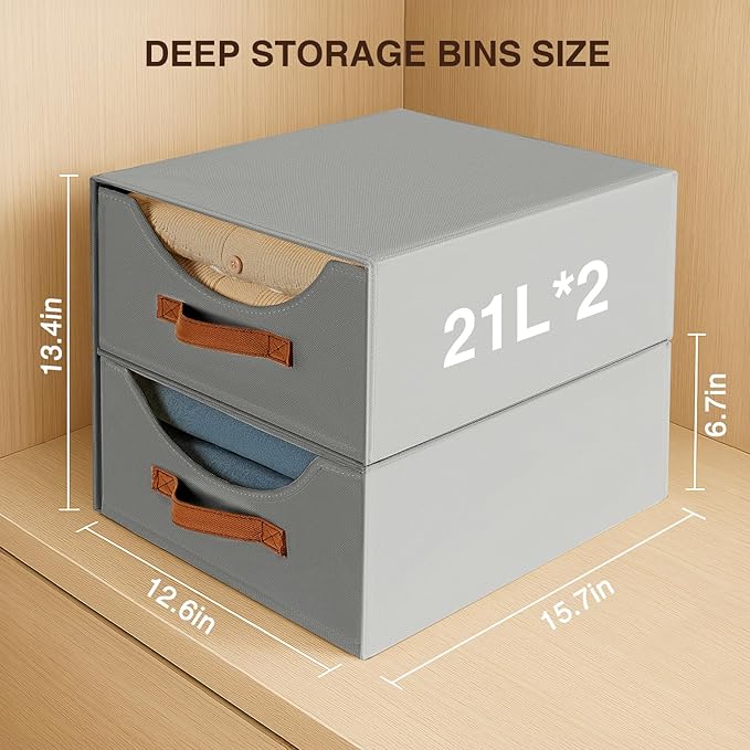 Closet Organizers and Storage - Large Stackable Storage Bins with Drawer, Fabric Bins for Organization, Collapsible Drawer Organizer Clothes for Bedroom, Living Room, 2 Pack, Grey