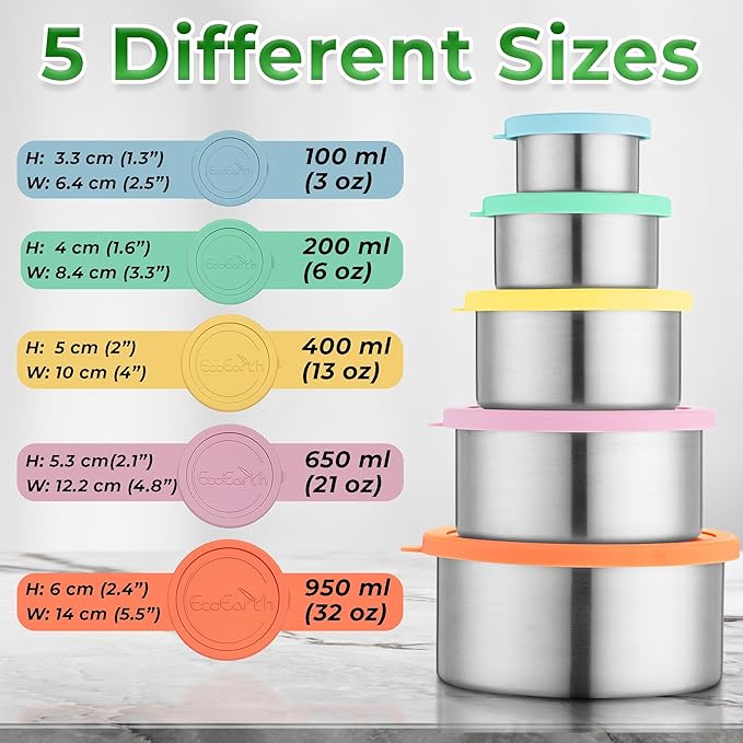 EcoEarth - Stainless Steel Food Storage Containers with Silicone Lids - Stackable Set of 5, Round Nesting Sizes - Meal Prep & Snack Lunch Box Supplies - Plastic Free, Airtight & Leakproof for Travel