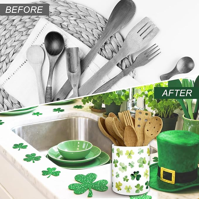 JarThenaAMCS St. Patrick's Day Ceramic Kicthen Utensil Holder Watercolor Green Shamrock Clover Utensil Crock for Irish Holiday Home Countertop Storage Organizer Container