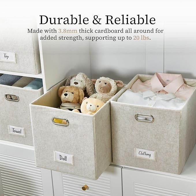 DECOMOMO Felt Storage Bins, 11 inch Cube Storage Bin with Labels for Shelves Kallax (Cube 11" / 6pcs, Beige)