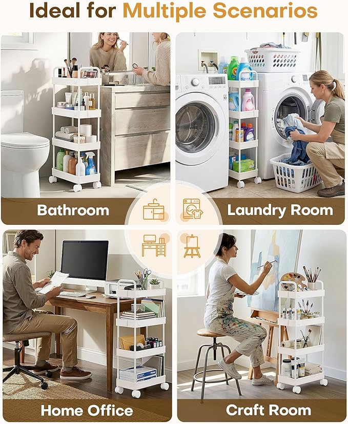 Homde Slim Rolling Cart for Kitchen: 4-Tier Space-Saving Narrow Floor Organizer - 37.4in Tall Vertical Storage for Bottles & Jars - Locking Wheels 8 Hooks for Hang & Grab