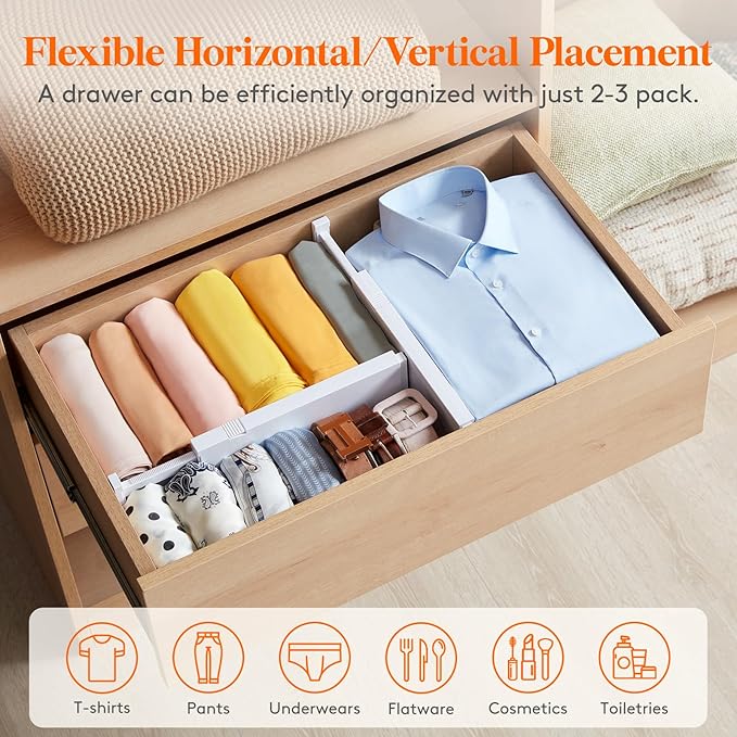 Lifewit 5 Pack Drawer Dividers 4" High, 11-17" Adjustable Dresser Drawer Organizers for Clothes, Expandable Drawer Separators in Kitchen/Bedroom/Bathroom/Vanity/Office Organization and Storage, White