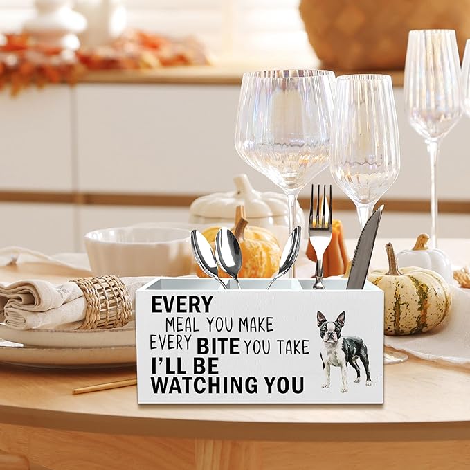 Boston Terrier Dog Kitchen Utensil Holder for Countertop, Dog Decorative Lover Gifts, Funny Every Meal You Make Every Bite You Take Wooden Utensil Holder Organizer for Kitchen Table Decor