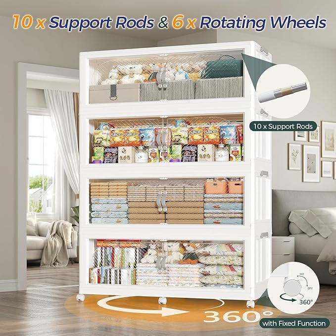 240Gal/960QT 4-Tiers Extra Large Stackable Storage Bins with Lid, Collapsible Cabinet Closet Organizer Plastic Container Box with Wheels Doors Drawers for Office Dorm Kitchen Office, White