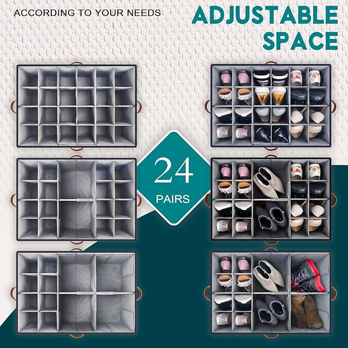 RONCHIL Shoe Organizer for Closet, Foldable Shoe Storage Bins with Clear Cover, Space Saving Shoes Holder with 4 Handles, Large Adjustable Shoe Box Storage Containers, Fits 12-24 Pairs, 1 Pack, Black